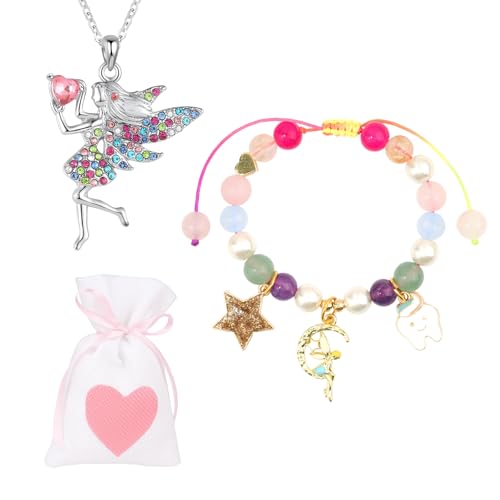BaiDekun 3 Stück Zahnfee Geschenke Mädchen, Geschenkset mit Kette, Armband und Beutel, Geschenk zur Taufe oder als Zahnfee Überraschung, Geschenk für Mädchen von 3-12 Jahren von BaiDekun