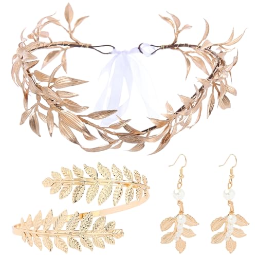 BaiDekun 3pcs Lorbeerkranz Gold Set, Kopfschmuck Gold Krone mit Perlen Ohrringen und Blatt Armband, für Hochzeiten, Renaissance Festivals, Cosplay und Themenpartys von BaiDekun