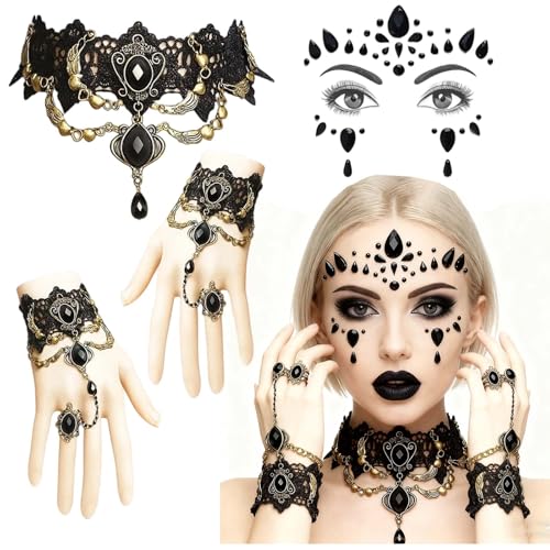 BaiDekun 4 Stück Halloween Gothic Schmuck Set Damen, Gotische Choker Halskette, 2 Armbänder & Gesicht Sticker, Steampunk Retro Spitze Vampir Accessoires für Halloween Kostüm von BaiDekun