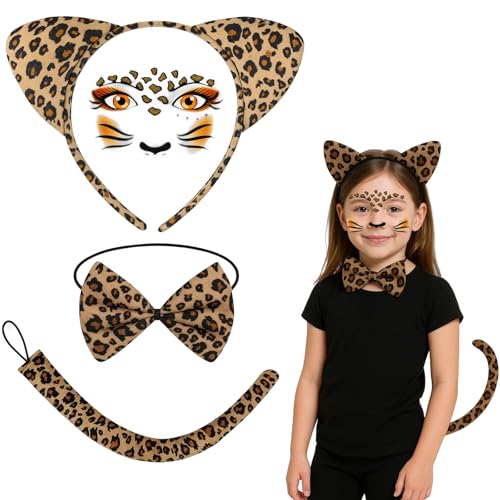 BaiDekun Leopard Kostüm Set Damen Kinder, Leopard Ohren Stirnband mit Fliege und Schwanz, Gesicht Aufkleber Tier Make-up, Katzenkostüm Zubehör für Halloween Karneval Cosplay Party von BaiDekun