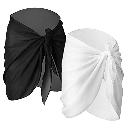 Damen Chiffon Sarong Pareo,2er Pack Sarong Chiffon Strand Frauen Badeanzug Wickelkleid Wickelrock Strandkleid Bikini Cover Up Badeanzug Wickelkleid Rock für Urlaub Schwimmen Schwarz+Weiß von BaiJ