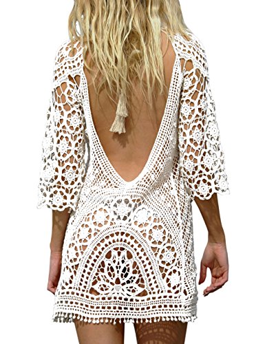 BAISHENGGT Damen Boho Rückenfrei Spitze Bikini Cover Up Strandkleid Sommerkleid Weiß One Size passt S-M von BAISHENGGT