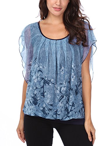 BaiShengGT Damen Falten Kurzarm Tunika Batwing Rundkragen Bluse Blau-2 XX-Large von BAISHENGGT