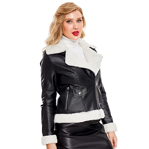 BaiWANG Damen Kunstfell Fleecejacke, Winter Klassisch Reißverschluss Kurz Kunstleder Jacken Biker Moto Jacke Warm Tops, Schwarz , 46 von BaiWANG