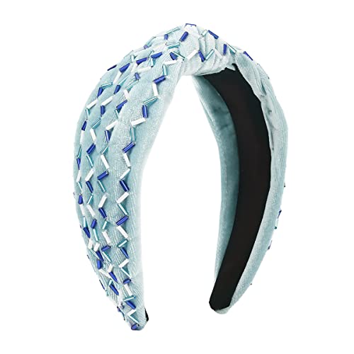 Europäisches und amerikanisches Flanell-Stirnband, handgenäht, einfarbig, breite Krempe, geknotetes Retro-Harz-Stirnband, weiblich, blau von BaiWaNG