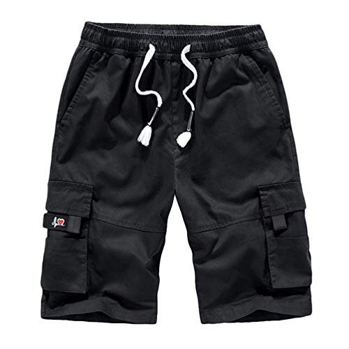 Baijiaye Herren Cargo Shorts 100% Baumwolle Strandhose Jogginghose Bermuda Kurz Hose Schwarz 6XL von Baijiaye
