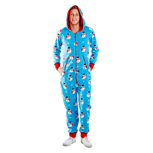 Baijiaye Herren Damen Kuschelig Schlafanzug Weihnachtsdruck Jumpsuit Onesie Schlafoveralls mit Kapuze Einteiler Pyjamas Langarm Strampler mit Reißverschluss Schneemann von Baijiaye