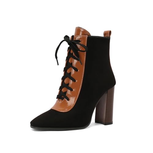 Bailey Xingqi Damen Chunky Stiefeletten Quadratische Zehe Schnürung Elegante Stiefeletten Abendkleid High Heel Stiefel（Braun EU Size 44） von Bailey Xingqi