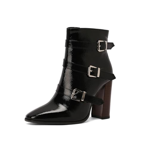 Bailey Xingqi Damen Chunky Stiefeletten Quadratische Zehe Seitlicher Reißverschluss High Heel Stiefel mit Gürtelschnalle（Schwarz EU Size 40） von Bailey Xingqi