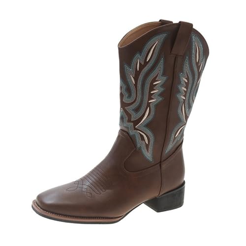 Bailey Xingqi Damen Cowboystiefel mit quadratischer Zehenpartie Retro Westernstiefel mit kleinem Absatz Kaffee Größe 35 von Bailey Xingqi