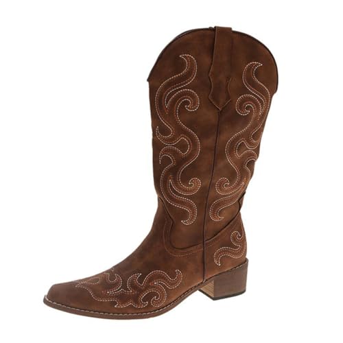 Bailey Xingqi Damen Cowboystiefel mit spitzer Schuhspitze Bestickte Westernstiefel, robuster Absatz & rutschfeste Braun Größe 41 von Bailey Xingqi