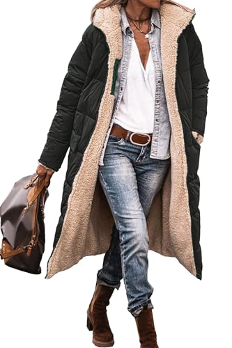 Bailey Xingqi Damen Kapuze Fleece-gefüttert Parka Mode Sherpa Jacke Oversized Winter Outdoor Casual Langarm Warme Jacke Mit Taschen Schwarz S von Bailey Xingqi