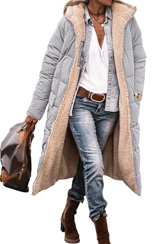 Bailey Xingqi Damen Kapuze Fleece-gefüttert Parka Mode Sherpa Jacke Oversized Winter Outdoor Casual Langarm Warme Jacke Mit Taschen Silberfarben 3XL von Bailey Xingqi