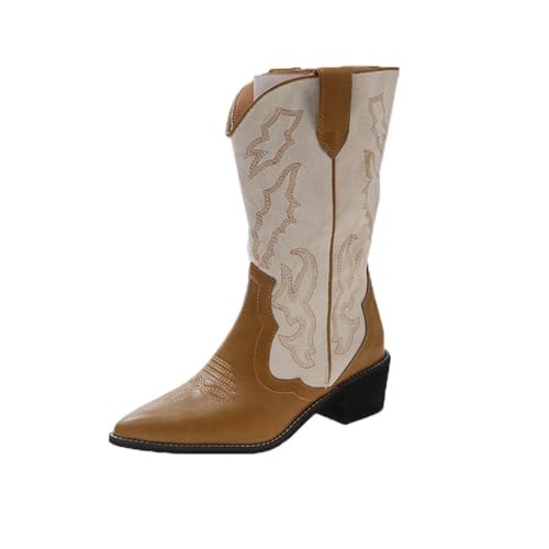 Bailey Xingqi Damen Mid Calf Cowboystiefel Bestickte Chunky Heel Spitze Westernstiefel Konzerte & Herbstfestivals Braun Größe 39 von Bailey Xingqi