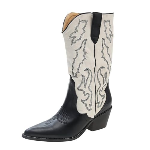 Bailey Xingqi Damen Mid Calf Cowboystiefel Bestickte Chunky Heel Spitze Westernstiefel Konzerte & Herbstfestivals Schwarz Größe 37 von Bailey Xingqi
