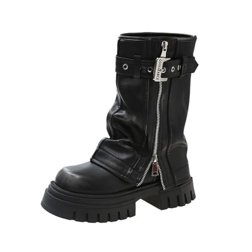 Bailey Xingqi Damen-Stiefel mit mittelhoher Wade, seitlicher Reißverschluss, Motorrad-Reitstiefel mit dekorativem Gürtel（Schwarz EU 35） von Bailey Xingqi