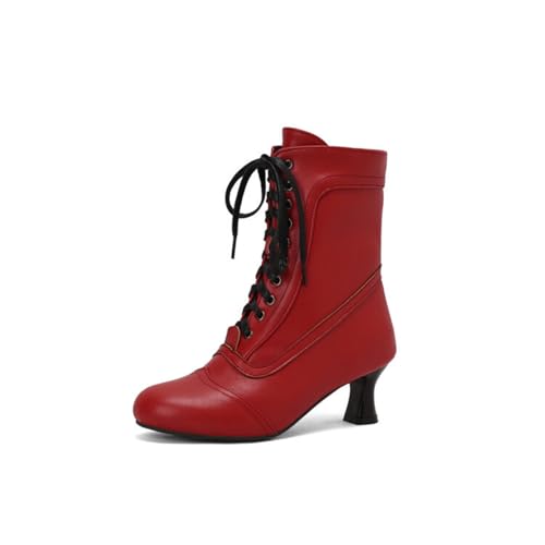 Bailey Xingqi Damen Stiefeletten Runde Zehe Mittlerer Absatz Viktorianische Stiefel Elegante Winter Schnürschuhe（Rot EU Size 36） von Bailey Xingqi