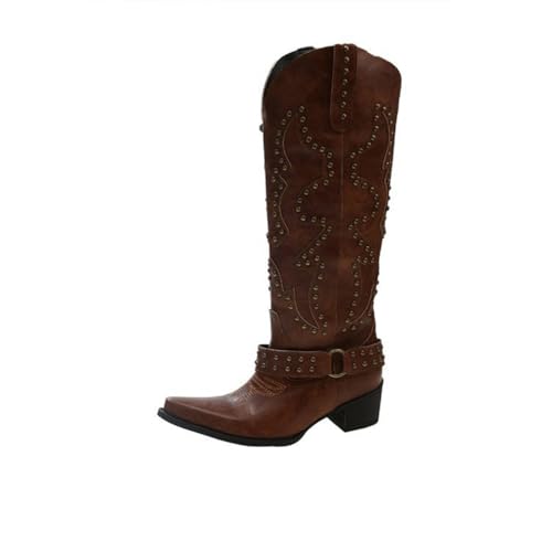 Bailey Xingqi Damen Vintage Cowboystiefel Knielang Mit Schnallen und Nieten Spitzes Toe für Retro-Look Braun Größe 42 von Bailey Xingqi