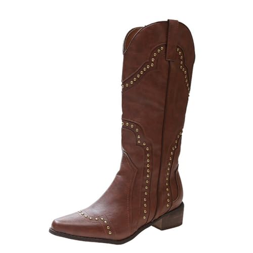 Bailey Xingqi Damen Westernstiefel Knielang Spitze Zehen mit Nietendetails Blockabsatz für Alltag und Festivals Dunkelbraun Größe 40 von Bailey Xingqi