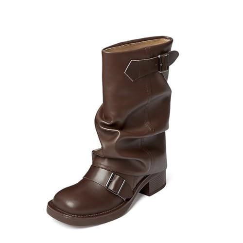 Bailey Xingqi Femmes Mid Calf Dress Bottes Bout carré Côté Fermeture Éclair Moto Équitation Botte avec Ceinture Décorative（1022 Marron EU 39） von Bailey Xingqi