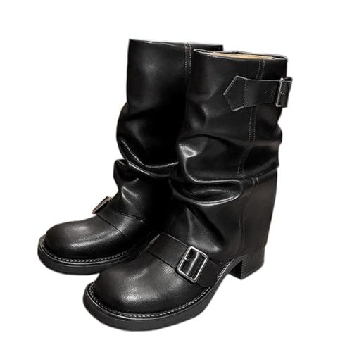 Bailey Xingqi Femmes Mid Calf Dress Bottes Bout carré Côté Fermeture Éclair Moto Équitation Botte avec Ceinture Décorative（1022 Noir EU 37） von Bailey Xingqi