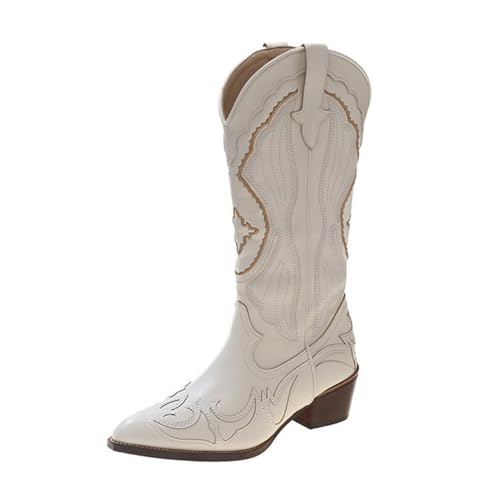 Cowboystiefel Damen mit Spitzer Zehe Western Stiefel mit Stickerei Überknöchelhoch für Country Konzerte Festivals Beige Größe 42 von Bailey Xingqi