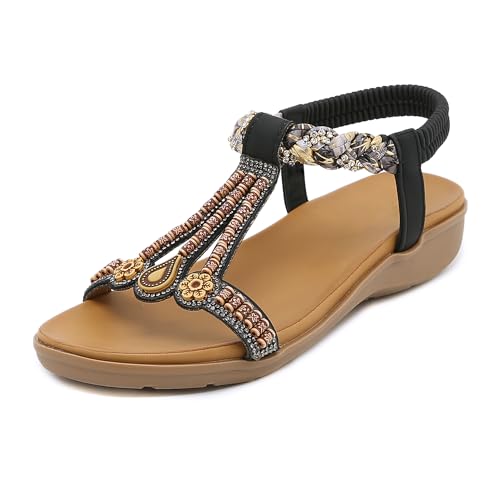 Damen Sommer Riemchensandalen Open Toe Outdoor Trekking Sandalen Boho Strass Flach Schuhe（Schwarz 40） von Bailey Xingqi