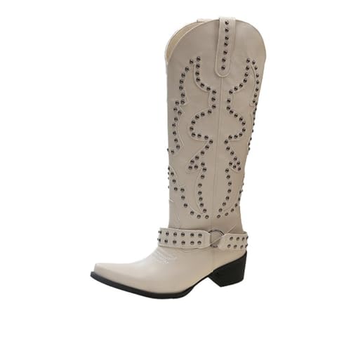 Damen Vintage Cowboystiefel Knielang Mit Schnallen und Nieten Spitzes Toe für Retro-Look Beige Größe 41 von Bailey Xingqi