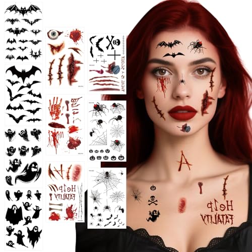 10 Blatt Halloween Tattoos, Temporäre Halloween Tattoo Gesicht, Wasserdicht Gruselig Gesicht Aufkleber Zombie Teufel Vampir Zubehör Gesichtstattoo für Halloweens Deko Party, Kostüm Makeup Schminke von Bailtouk