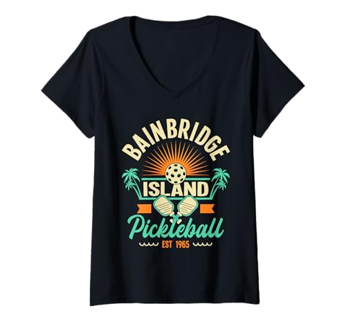 Damen Sommerurlaub Palm Tree Pickleball Bainbridge Island T-Shirt mit V-Ausschnitt Damen Sommerurlaub Palm Tree Pickleball Bainbridge Island T-Shirt mit V-Ausschnitt von Bainbridge Island Graphic For Washington Vacay