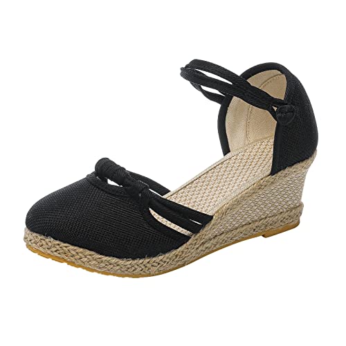 Baiomawzh Damen Sandalen Elegant Keilabsatz Espadrilles Für Damen Keilabsatz Espadrilles Sandaletten Schwarz Leinen Sommerschuhe Elegant Bequeme Sandalen Sommer Keilabsatz Sandaletten von Baiomawzh