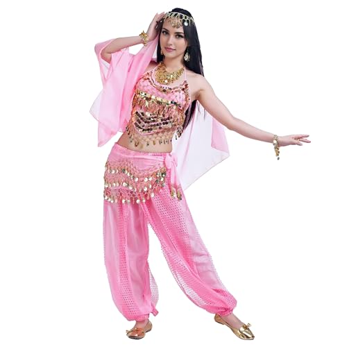 Baisdan Damen Bauchtanz Kostüm Oberteil Haremshose Hüftschal Kopftuch Set Karneval Halloween Professionelles Outfit Dunkelrosa von Baisdan