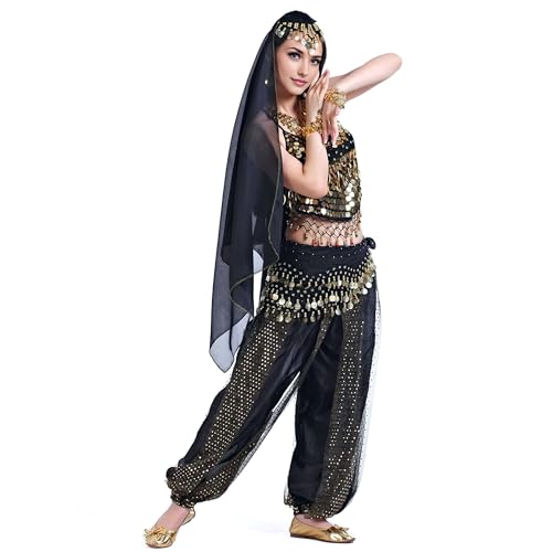 Baisdan Damen Bauchtanz Kostüm Oberteil Haremshose Hüftschal Kopftuch Set Karneval Halloween Professionelles Outfit Schwarz von Baisdan