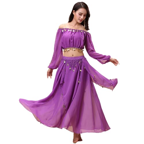 Baisdan Damen Bauchtanz Kostüm Set Münze Crop Top mit Bauchtanz Chiffon Rock Karneval Performance Outfits Lila von Baisdan