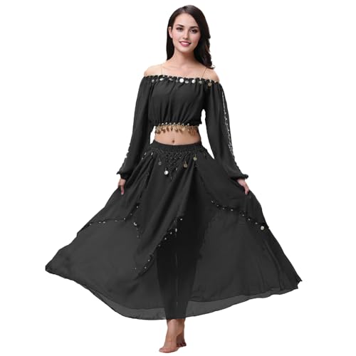Baisdan Damen Bauchtanz Kostüm Set Münze Crop Top mit Bauchtanz Chiffon Rock Karneval Performance Outfits Schwarz Baisdan Damen Bauchtanz Kostüm Set Münze Crop Top mit Bauchtanz Chiffon Rock Karneval Performance Outfits Schwarz von Baisdan