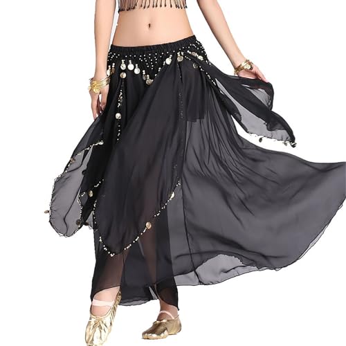 Baisdan Damen Bauchtanz Rock mit Münzen Lang Chiffon Tanzrock Karneval Bauchtanz Performance Kostüm von Baisdan