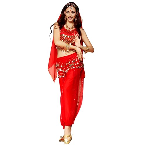 Baisdan Damen Indien Bauchtanz Kostüm Set Arabische Prinzessin Karneval Halloween Professionelles Outfit Rot von Baisdan
