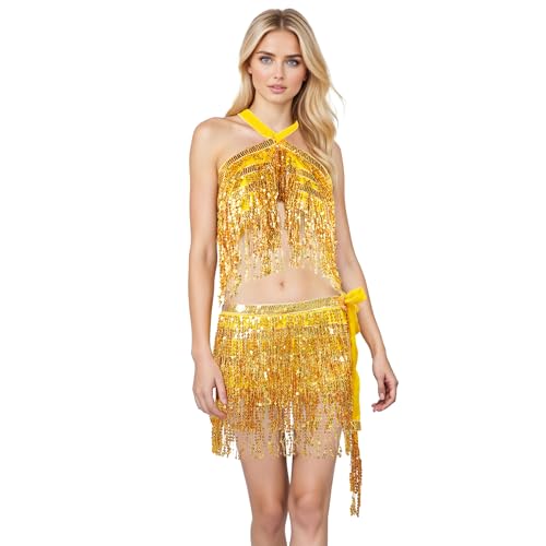Baisdan Paillettenröcke für Damen (Taille/Brustumfang unter 80 cm), glitzernde Röcke für Mädchen, 2-teiliges Set, Quastenrock für Kinder, 2 Stück, Gold, Einheitsgröße von Baisdan