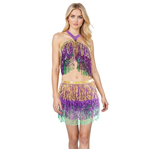 Baisdan Paillettenröcke für Damen (Taille/Brustumfang unter 80 cm), glitzernde Röcke für Mädchen, 2-teiliges Set, Quastenrock für Kinder, 2 Stück, Gold-Violett-Grün, Einheitsgröße von Baisdan