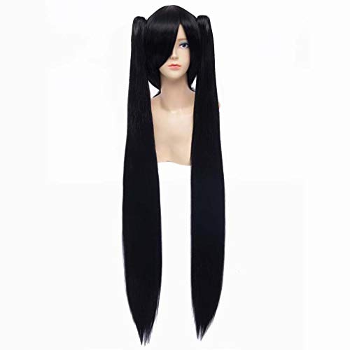 Baisheng Miku 30 cm + 100 cm 2 Pferdeschwanz Schwarz Gerade Lange Synthetische Volle Cosplay Kostüm Perücke (Basis Perücke 30cm+Zopf 100cm-schwarz) von Baisheng