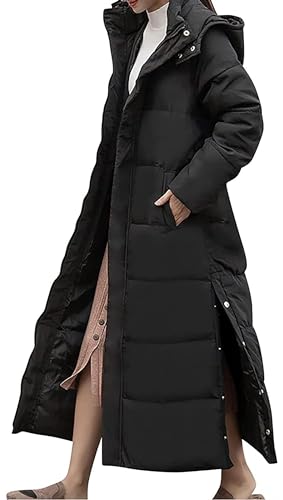 Baitang Damen Daunenjacke mit Kapuze, lang, Warmer Wintermantel, einfarbig, Winterjacke, knöchellang, geschlitzt, Steppjacke, Daunenjacke mit Rollkragen,Schwarz,XL Baitang Damen Daunenjacke mit Kapuze, lang, Warmer Wintermantel, einfarbig, Winterjacke, knöchellang, geschlitzt, Steppjacke, Daunenjacke mit Rollkragen,Schwarz,XL von Baitang