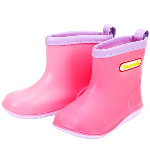 Baiyouli Kleinkinder Gummistiefel Wasserdicht Rutschfest Regenschuhe Leicht Weicher Regenstiefel für Kinder Mädchen Jungen 1–6 Jahre,Rosa,Herstellergröße 17,25/26 EU von Baiyouli