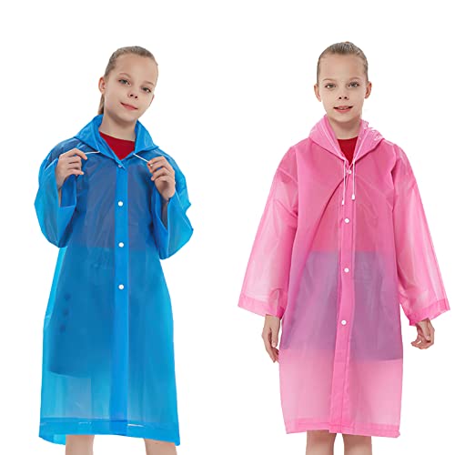 Kinder Regenponcho, 2 Stück EVA Wasserdicht Regencape für Mädchen Jungen, Wiederverwendbar Kinder Regenmantel mit Kapuze, Tragbare Kleinkind Regenumhang für Outdoor Schule Reisen (Rosa Blau/90cm) von Baiyuanli