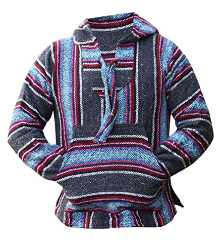 Del Mex Mexican Baja Hoodie Hippie Surf Poncho Sweater Sweatshirt Pullover Jerga, Mehrfarbig, Anthrazit, XX-Large von Baja Direct
