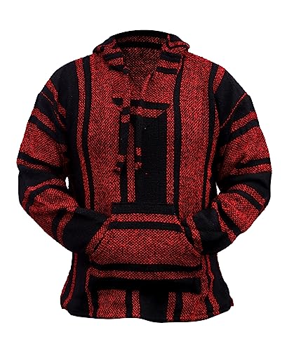 Del Mex Mexican Baja Hoodie Hippie Surf Poncho Sweater Sweatshirt Pullover Jerga, Rot/Schwarz, XXL von Baja Direct