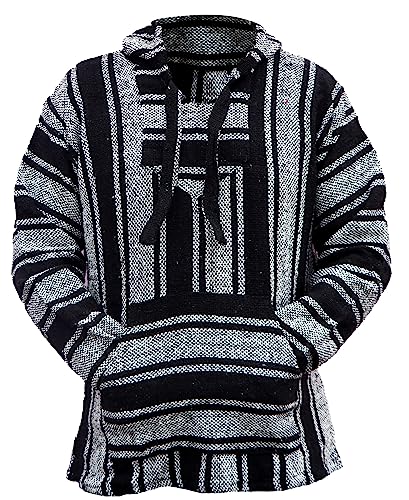 Del Mex Mexican Baja Hoodie Hippie Surf Poncho Sweater Sweatshirt Pullover Jerga, Schwarz/Weiß, X-Large von Baja Direct