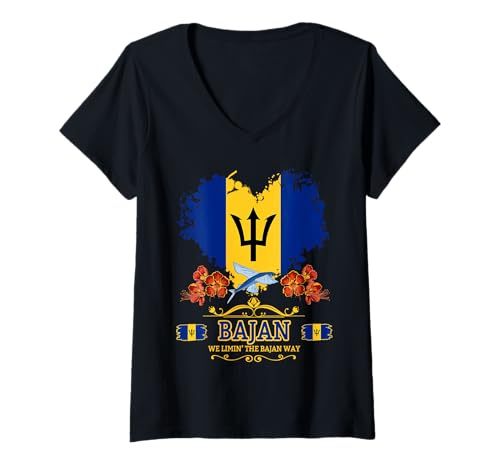 Damen Barbados Flaggen-Outfit Idee für Frauen & Neuheit Bajanwurzeln T-Shirt mit V-Ausschnitt von Bajan Flag & Barbados Souvenir Ideas For Kids