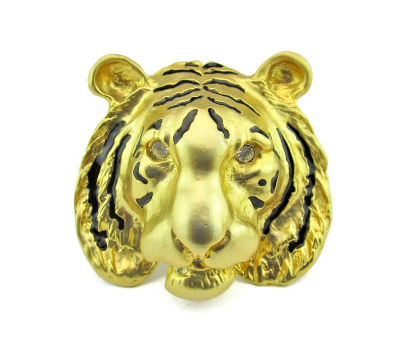 Big Doreen Ryan Tigerkopf Brosche/Matte Finished Gold Ton/Schwarz Glänzend Emaille Streifen/Strass Augen Dschungel Tier/Haute Couture Mode von BajanLizard