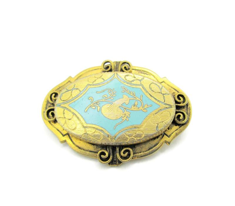 Freirich Tilted Pilz Brosche /Oval Antiqued Vergoldete Pin/Schwarze Und Blaue Emaille Highlights Gekräuselte Filigrane Akzente von BajanLizard