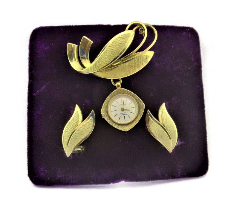 Frey Revers Uhr Und Ohrringe/17 Jewels Swiss Made/Gold Ton Americ Metal Clip-Ons & Brosche/Neuwertig in Original Pesentation Box/5000 4058 V111 von BajanLizard
